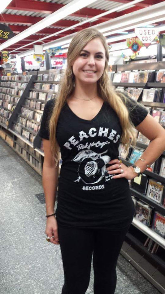 Peaches Rock'n'Roll Black and White Tee Ladies V neck